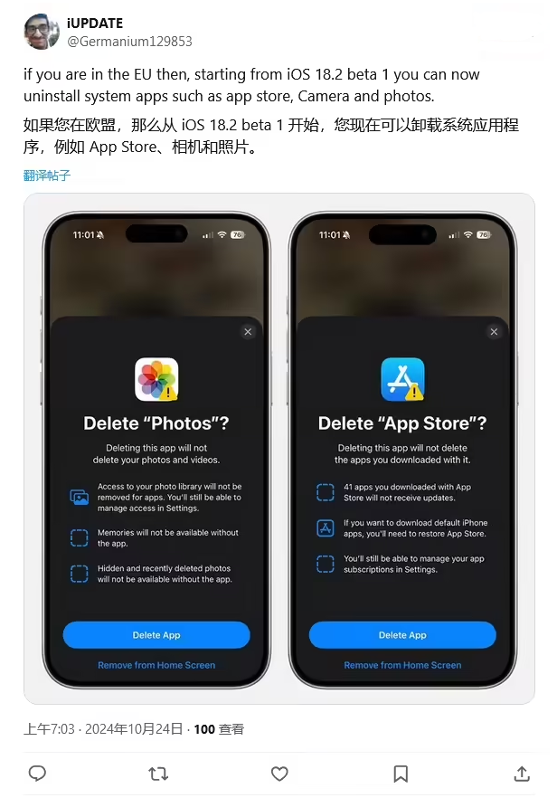 屯留苹果手机维修分享iOS 18.2 支持删除 App Store 应用商店 