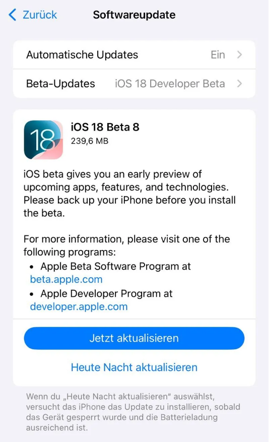 屯留苹果手机维修分享苹果 iOS / iPadOS 18 开发者预览版 Beta 8 发布 